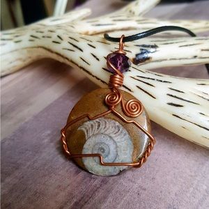 Natural Polished Ammonite Fossil Women Necklace Copper Wire Wrap Paleontologist